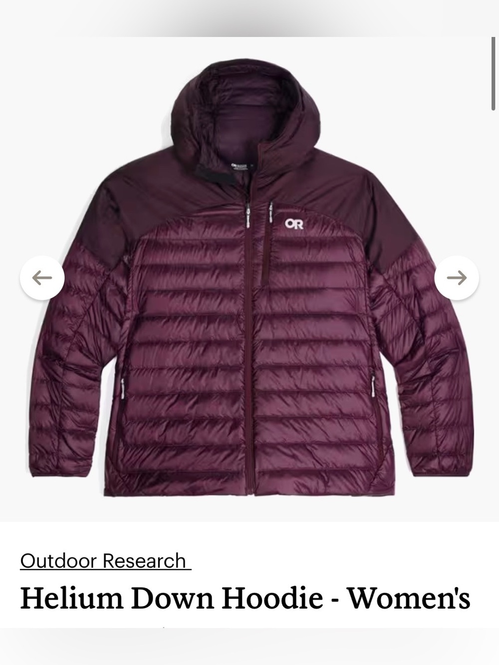 NWOT Outdoor Research Women's Helium Down Hoodie-Plus (Amethyst) - 3X